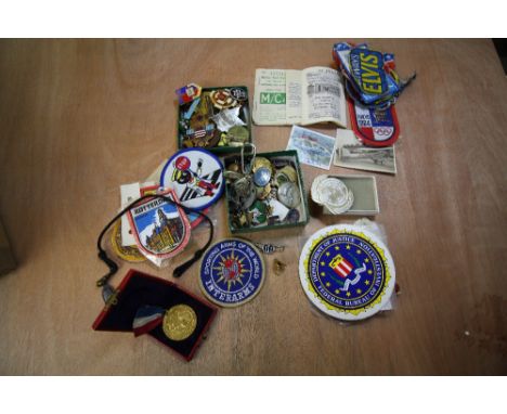 Box of vintage enamel badges etc