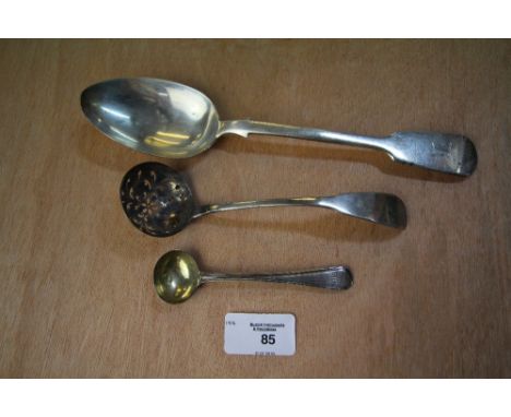 George IV Scottish silver fiddle pattern strainer spoon, George IV silver mustard spoon, and George III silver fiddle pattern