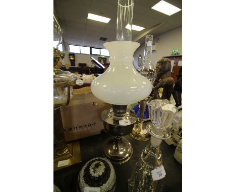 Oil lamp, all silver chromed body, Aladdin lamp with large white shade