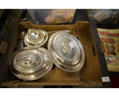 Engraved oval plated entree dish and cover, plain ditto, plated ladle and selection of plated items