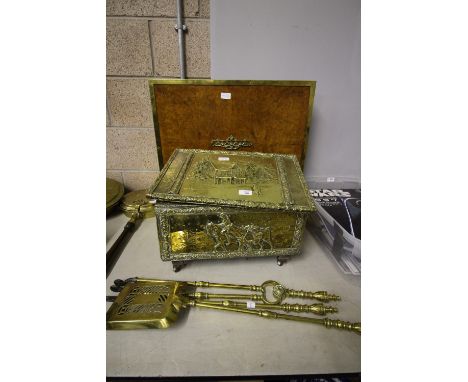 Brass log box (A/F), firescreen and set of Victorian fire irons