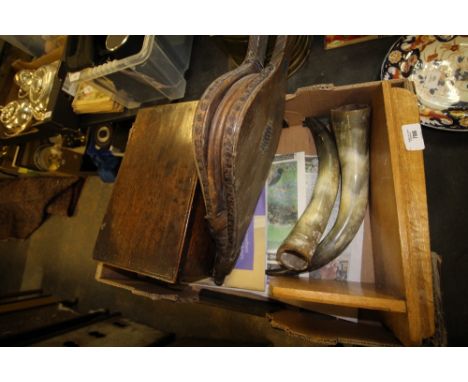 Oak box, bellows (A/F), pair of horns, oak shelf, mirror and shooting stick