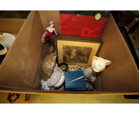 Box of Miscellaneous including Poole Bowl, Royal Worcester Trinket Box &amp; 3 Coalport Cottages, glass wares etc