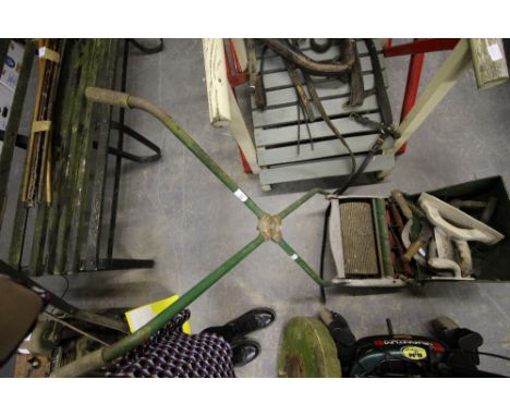 Vintage Ransomes push mower and quantity of tools