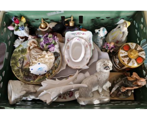 A collection of mixed china to include a pair of Staffordshire dogs, Capodimonte figures, two Royal Brierley perfume bottles,