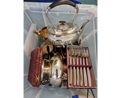 A pair of opera glasses, spectacles, bull head knife rests, and a quantity of various silver plated ware, to include coffee p