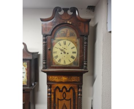 A hand painted-faced long-cased clock with family scene to face and phoenix and horse inlay border to front.