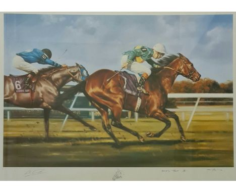 Graham Isom artist’s proof IV print Lester Piiggott in cup race signed by artist and Lester Piggott. 68 cm 45 cm. (ARR)