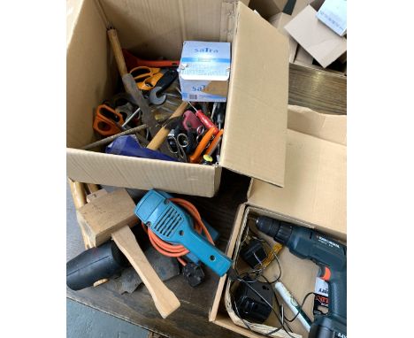 A quantity of tools to include mallets, hammers, scissors, pliers, black and decker cordless drill etc 