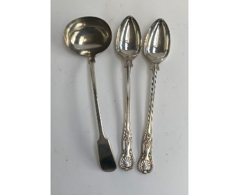 A good pair of King's pattern plated serving spoons, each 34cmL; together with a Fiddle pattern ladle 