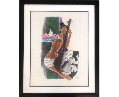 After Maqbool Fida Husain (Indian, 1915-2011), lady with guitar, colour print, dated 1985, 55x42cm
