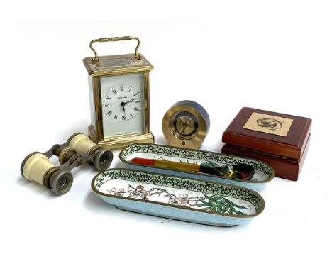 A gilt metal 8 day carriage clock, marked Bayard, a Swiza alarm clock, a small set of opera glasses etc 