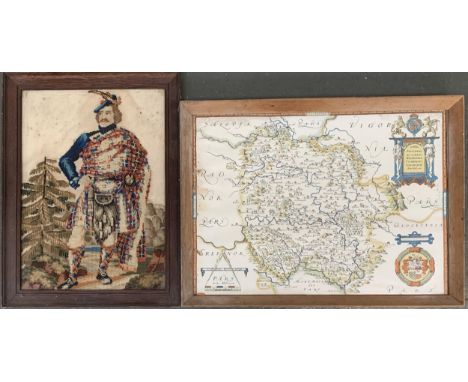 After Christopher Saxton, colour print map of Gloucestershire, 36x50cm, together with a needlework embroidery of a highlander