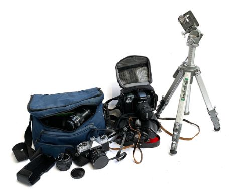 A mixed lot of photographic equipment to include Nikon f70 in Lowepro case, Prinzlux 7x50mm binoculars, vintage tripod, Fujic