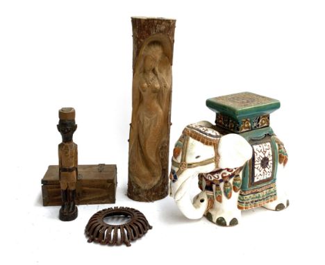 A mixed lot of items to include a carved oriental figure of a mermaid, ceramic elephant etc 