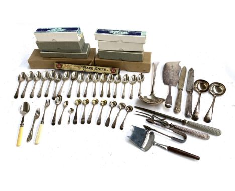A quantity of mainly plated cutlery to include Elkington plate, teaspoons, pickle fork and vintage boxes etc 