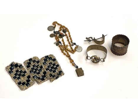 A small lot to include metal brutalist bangle; rosary with French gilt metal Mysteries of the Rosary photo locket book etc 