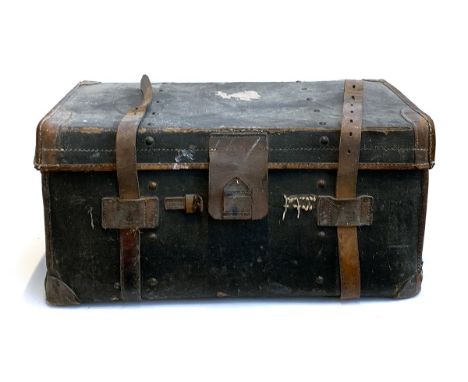 A Victorian leather and canvas travel trunk, some travel stickers, marked C.G, 78x50x38cmH 