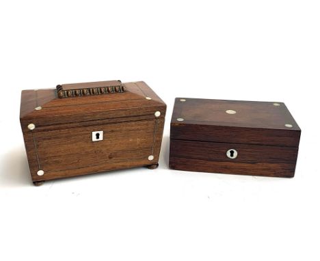 A Regency mahogany sarcophagus tea caddy, with mother of pearl inlay, 20cmW; together with a small rosewood box with mother o