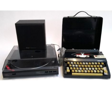 A silver-reed silverette portable typewriter, together with a Aiwa series 70 turntable and speaker 