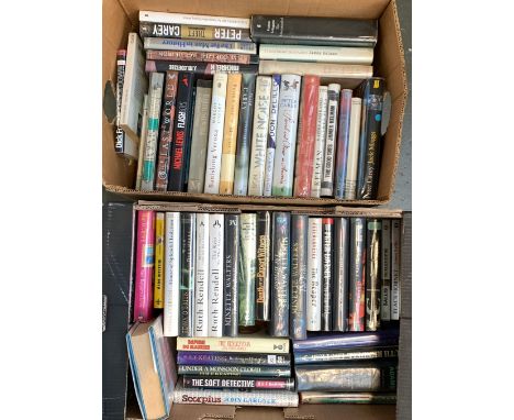 Two mixed boxes of hardback fiction books mainly modern first edition to include poetry, crime etc 