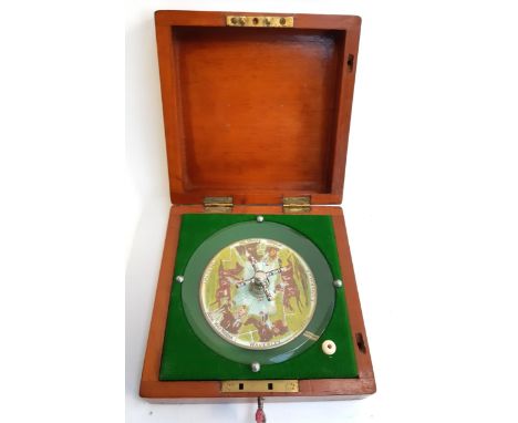 A Sandown horse racing game by F H Ayres, London in square wooden case comprising roulette style spinning wheel and original 