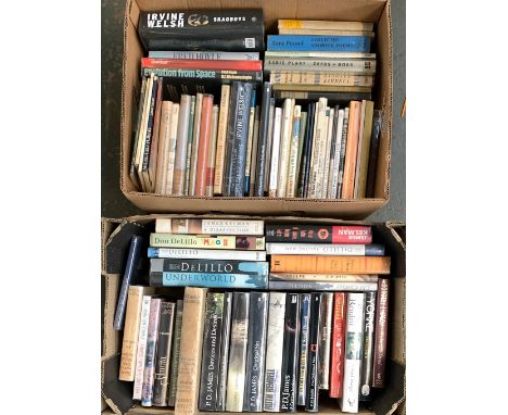 Two mixed boxes of hardback fiction books mainly modern first edition to include poetry, crime etc 