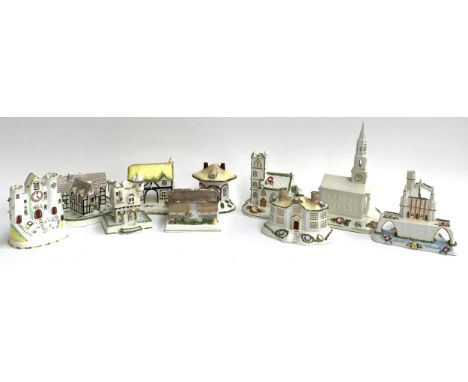 A lot of ten various Coalport ceramic cottages to include The Coaching Inn, Clock Tower, Shakespeare's birthplace, Village Ch