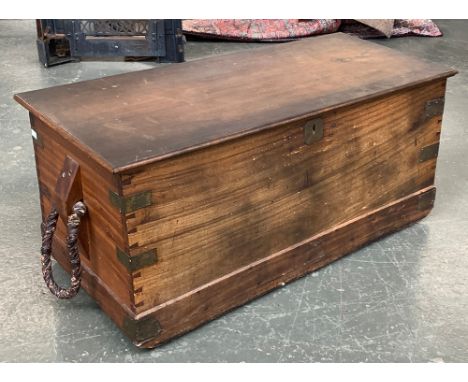 A teak travel trunk, with visible dovetails and metal bracing, 100x45x45cm 