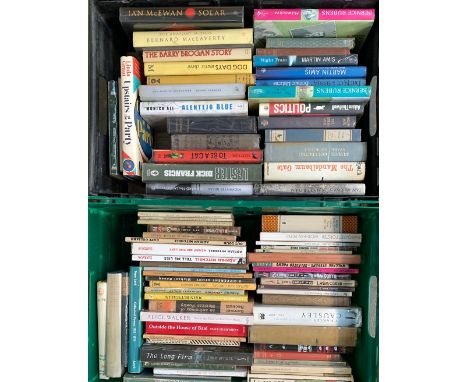 Two mixed boxes of hardback fiction books mainly modern first edition to include poetry, crime etc 