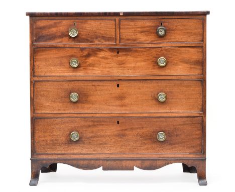 A 19th century chest of two short over three graduating cockbeaded drawers, on shaped apron and swept bracket feet, 112cm wid