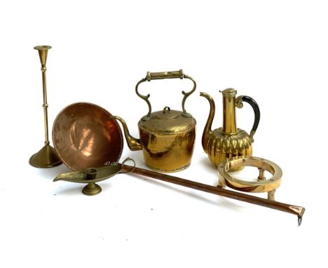 A quantity of brass and copper items to include very large ladle, the bowl 20cmD, kettle, coffee pot by Gorham &amp; Co, heav