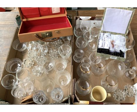 A mixed lot of etched glass champagne cups, brandy balloons, napkin rings, candlestick holders, together with some Chinese mu