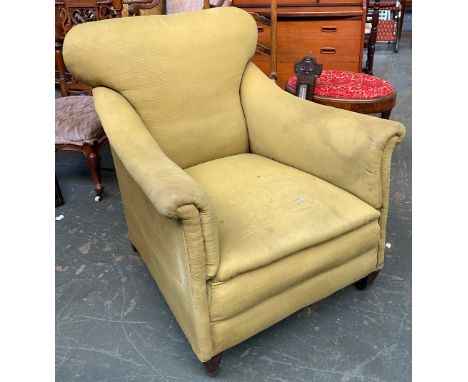 A narrow green upholstered armchair, on square tapered legs and brass capped ceramic casters, 75cmW 