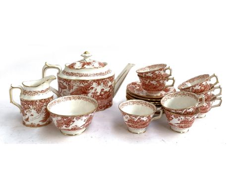 A Royal Crown Derby 'Red Aves' tea service comprising teapot, milk jug, sugar bowl, teacups (8) and saucers (8) 