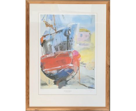 After Emma Jeffreys, 'Big Red Gorah', colour print of a fishing boat, numbered 26/995, signed in pencil, 57x42cm, together wi