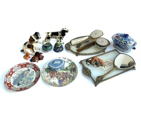 A mixed lot of ceramics to include Wedgwood jasperware, Ironstone lidded tureen, various dog figures to include Sylvac, Humme