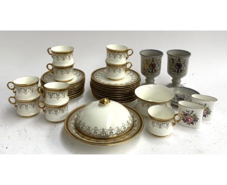 A Cauldon white and gilt part tea service with Greek key decoration to include a muffin dish, together with miscellaneous cer