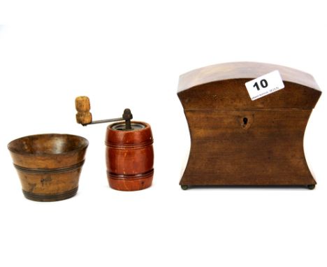 A small Regency mahogany tea caddy, H. 13cm together with a treen, salt bowl and pepper grinder.