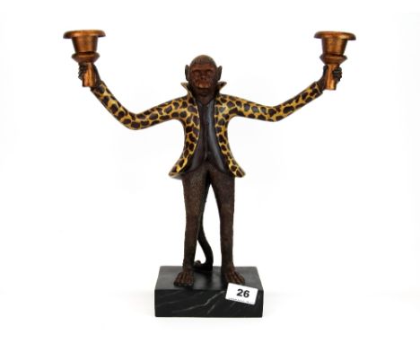 An interesting 'Bill Huebbe' style monkey composition candlestick, H. 36cm.