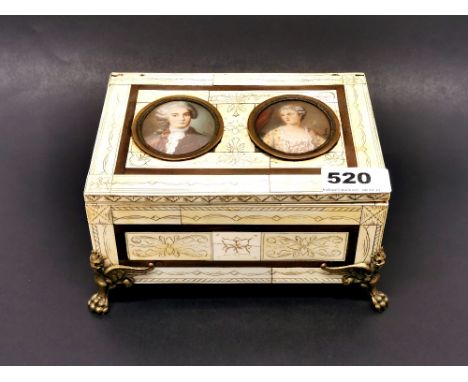 A continental ivory covered music box inset with two handpainted portrait miniatures, 19 x 14 x 10cm.