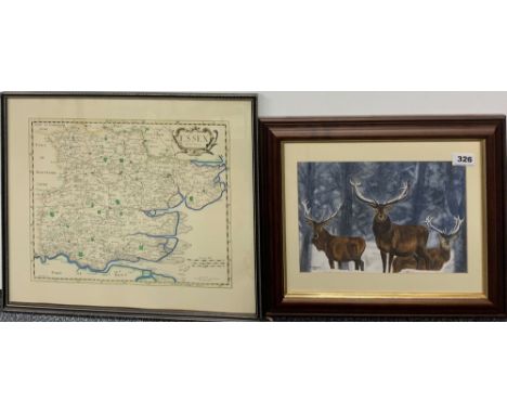 A framed watercolour of reindeer signed K. Lincoln, frame size 42 x 35, together with a framed map of Essex.