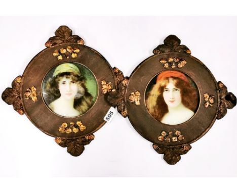 A pair of pressed wooden framed Art Nouveau prints of girls, W. 33cm.