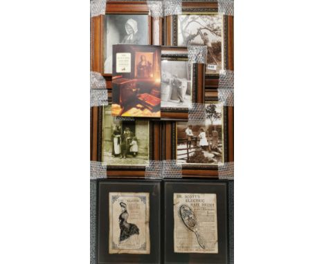 Five framed Sutcliffe sepia photographs, frame size 32 x 39cm. Together with two framed 19th century advertising prints.
