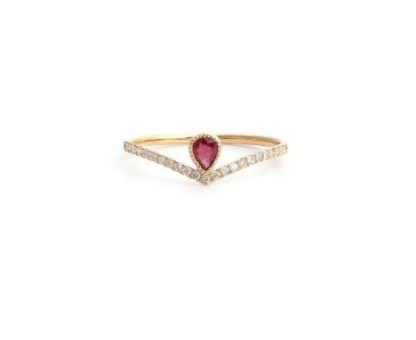 An 18ct yellow gold (stamped 750) ring set with a pear cut ruby and diamonds, (P).