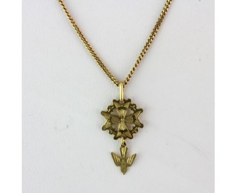 A 14ct yellow gold pendant (stamped 585) on a yellow metal chain (tested minimum 9ct gold), L. 3cm. Approx. 6.2gr.