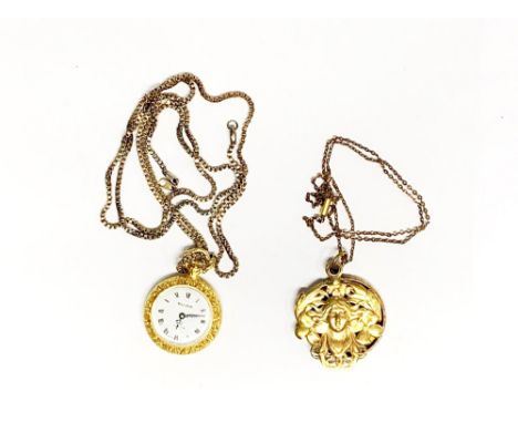 An enamelled Bueller gilt ladies fob watch and chain, together with an Art Nouveau style necklace.