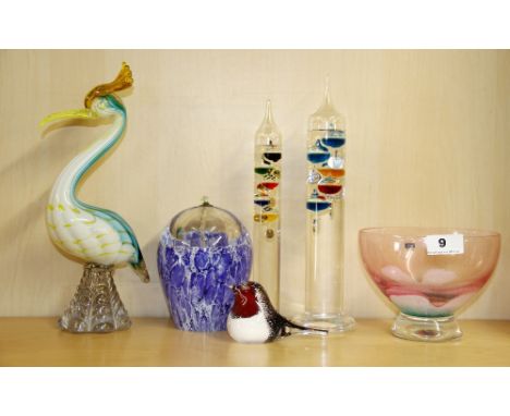 A Murano glass bird, together with a Caithness bowl and other items.