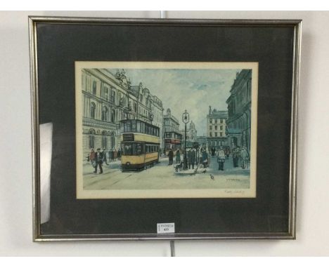 ST VINCENT PLACECOLOURED PRINT AFTER BETTY STIRLING,figural street scene, featuring Mctear's sale advertisement signboard, si