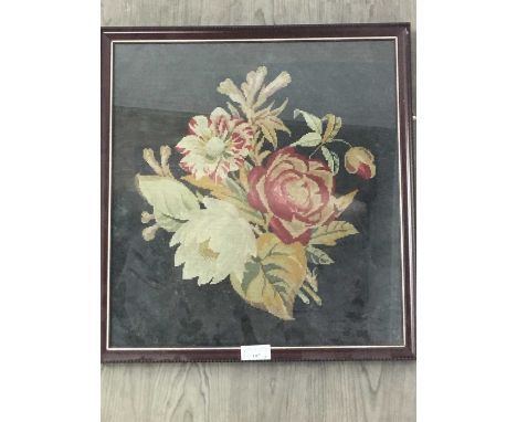 CHINESE EMBROIDERED PANEL,depicting figures in a garden setting, in an ebonised slip, 19cm x 48cm overall, along with a tapes